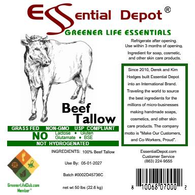 Beef Tallow - GRASS FED - 50 lbs in poly bag in box - FOOD GRADE