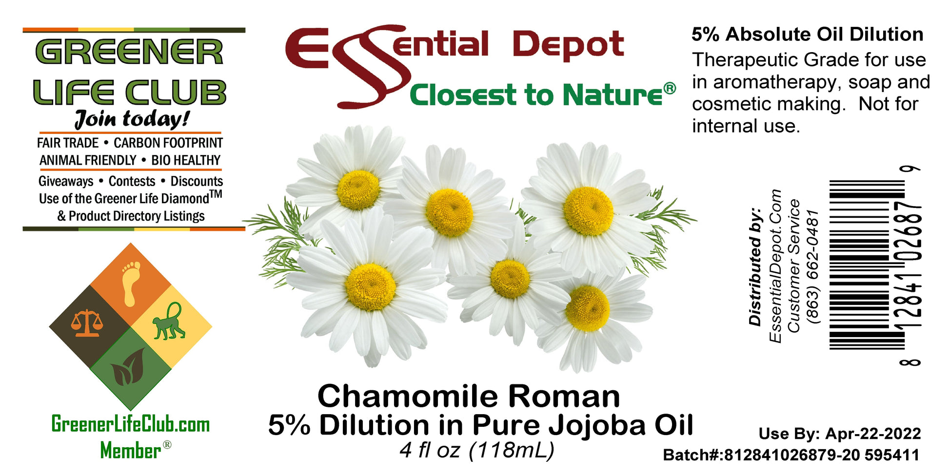 Chamomile Roman Essential Oil 5% Dilution in Pure Jojoba - 4oz