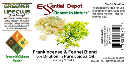Frankincense & Fennel Blend 5% Dilution in Pure Jojoba - 4oz