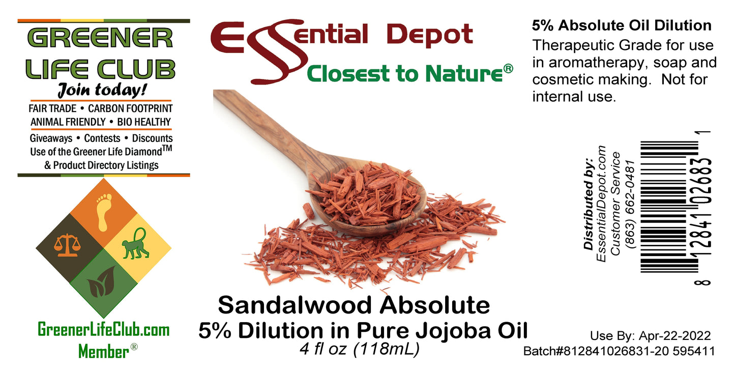 Sandalwood Absolute 5% Dilution in Pure Jojoba - 4oz