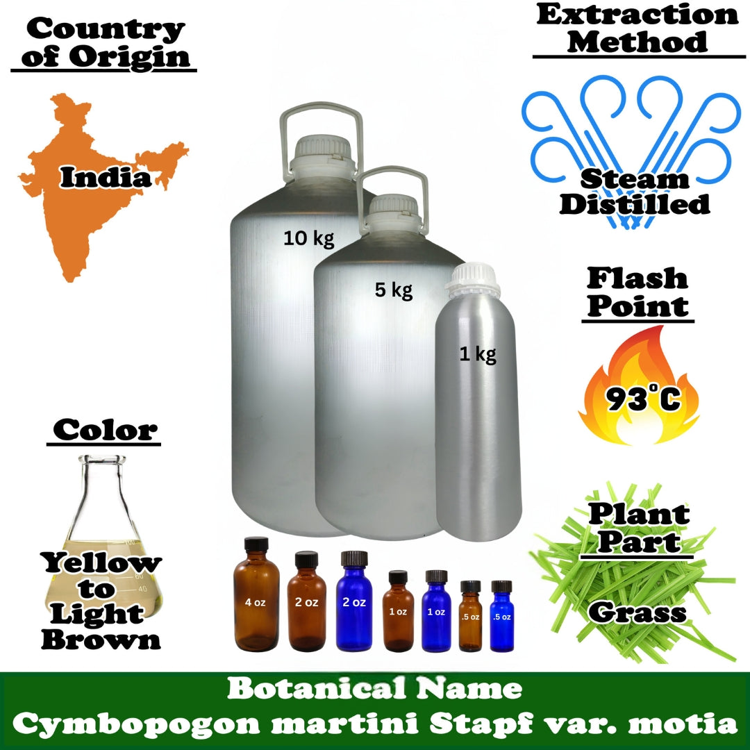 Palmarosa Essential Oil - 1 kg. - Approx 2.2 lbs.